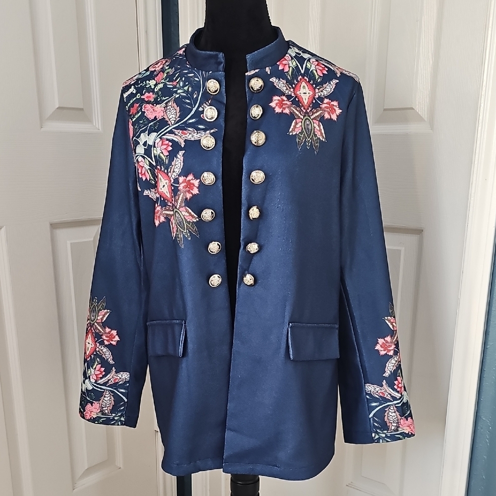 NWT Sinhoon Navy Double Breasted Gold Tone Button Tailored Floral Blazer XL - Picture 5 of 12